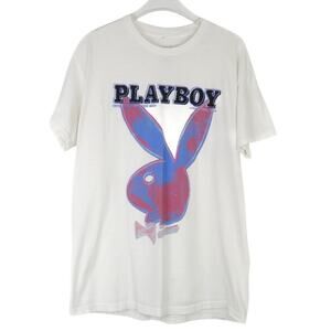 Y2k 2000s Vintage White Playboy Graphic Bunny Logo T-Shirt Medium